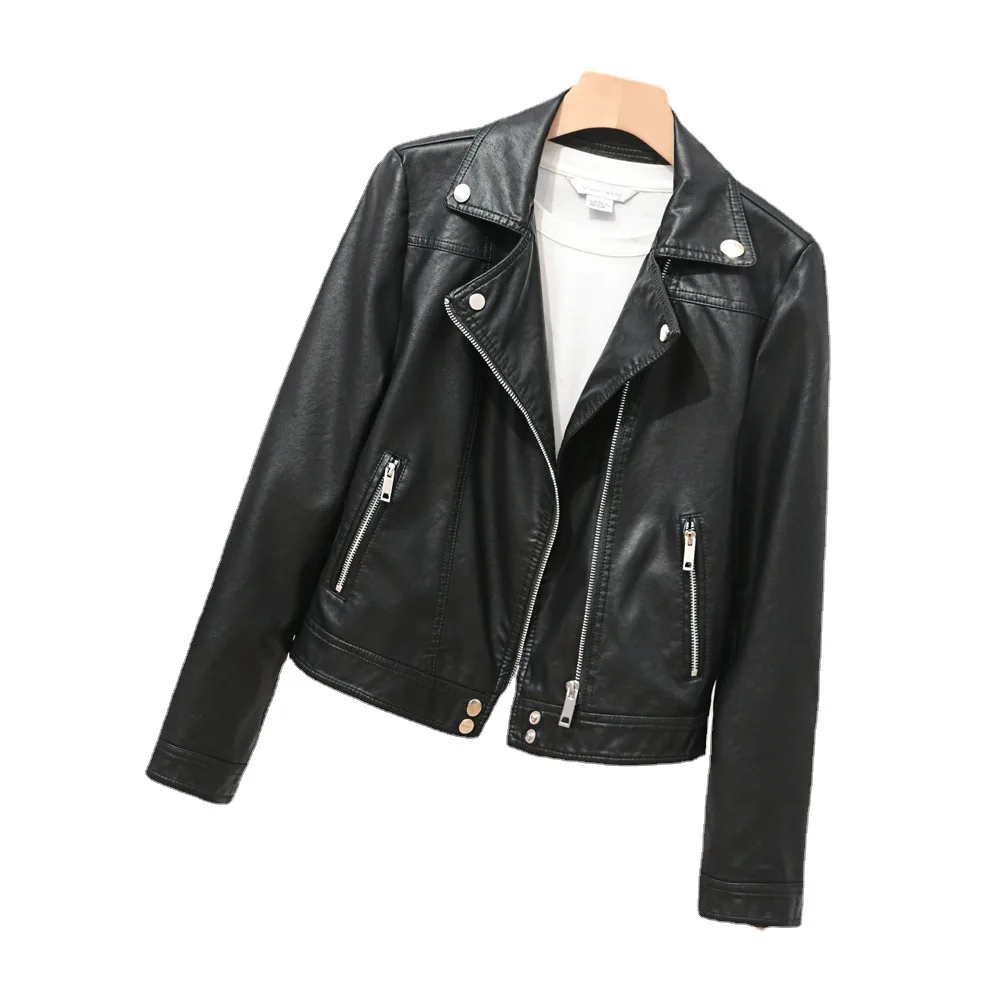 2023 spring new women's simple lapel leather jacket short motorcycle suit leather casual coat