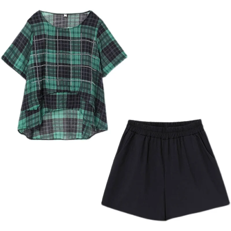 Женский модный костюм большого размера клетчатый Топ и короткие брюки комплект