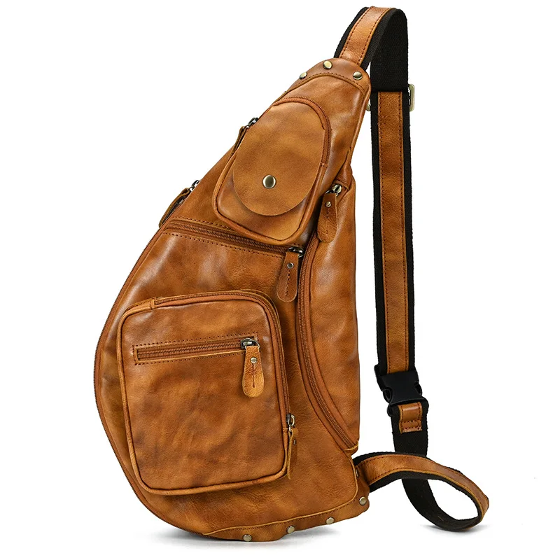 Retro men's chest bag men's diagonal bag casual outing large-capacity chest bag Leather Chest Bag Casual Vintage Sling Backpack
