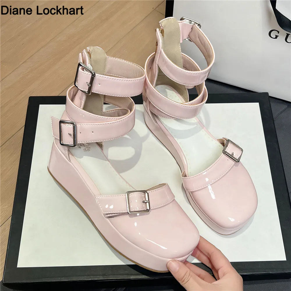 

Women Summer Sandals Mid Heels Wedges Shoes Ladies Vintage Rome Patent Leather Buckle Sandalias Mujer Sapato Feminino Zip Footwe