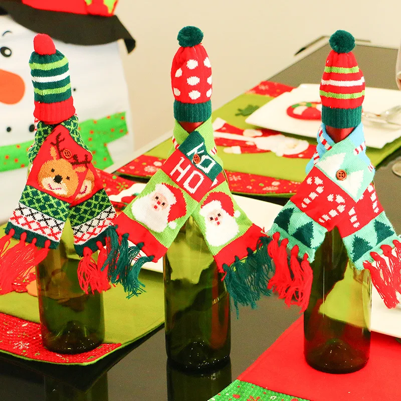 

Christmas Wine Bottle Decoration Christmas Knitted Scarf Hat Set Champagne Holders Xmas Home Table Navidad Decors New Year 2023