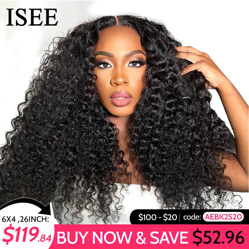 Wear Go Wig ISEE HAIR Pre Cut Mongolian Kinky Curly 6x4 HD Lace Glueless Human Wigs Ready To Go 13x4 Wig Pre Bleached Knots