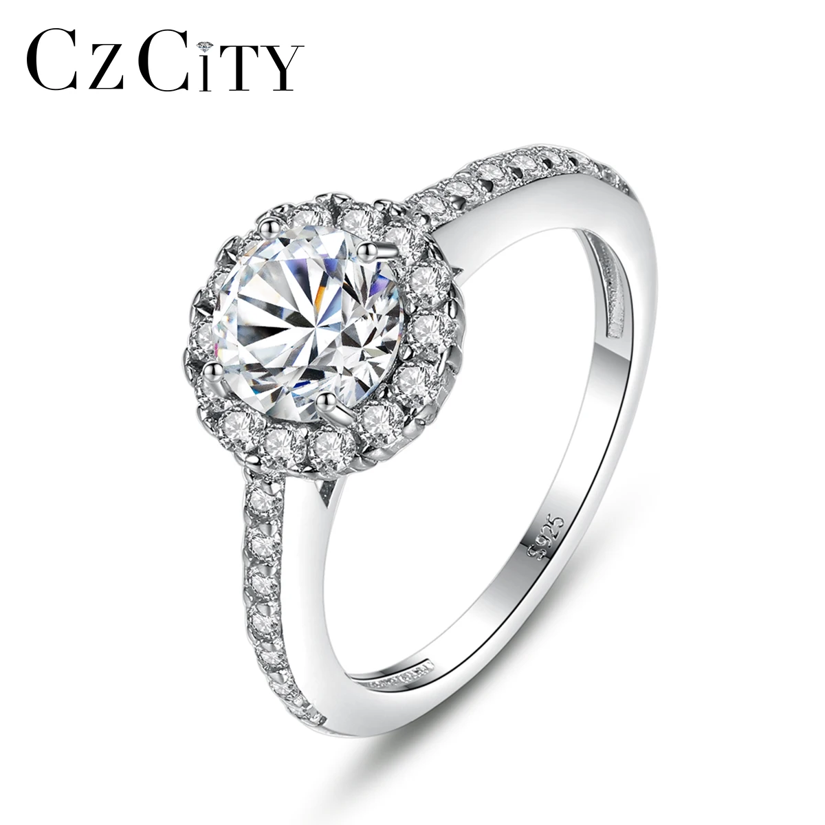 

CZCITY 925 Sterling Silver CZ Halo Ring Cubic Zircon Women Wedding Engagement Eternity Promise Finger Ring Anillos Bijoux Femme