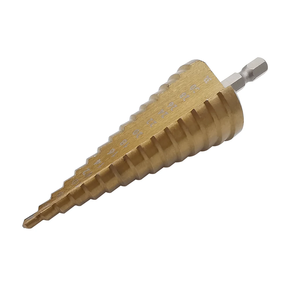 

1Pcs HSS Titanium Coated 4-32mm Step Drill Bit Drilling Power Tools Hex Shank Wood Hole Cutter Straight Groove Step Cone Drills