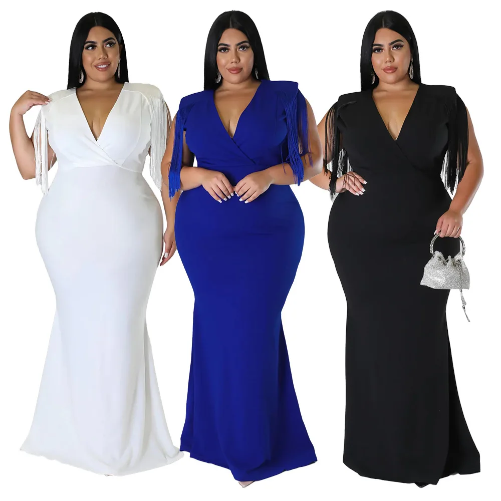 

White V-Neck dress women's clothing 2022 new sexy tassel sleeveless slim fitting high waist back zipper floor length party dress