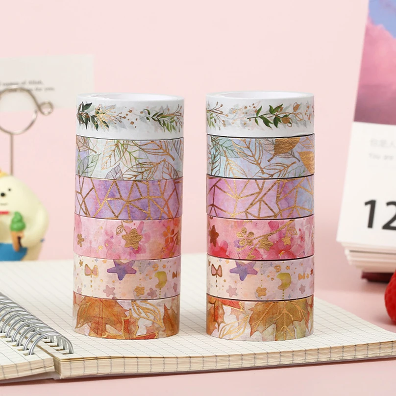 

6 Rolls Sakura Washi Tape Set School Supplies Decorative Adhesive Tape 5m Gold Foil Washitape Journaling Stationery Masking Tape