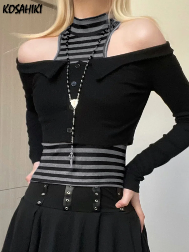 

Two Pieces Set Y2k Aesthetic Spring Contrast Color Harajuku Off Shoulder T-shirts + Striped Half Turtleneck Streetwear Tank Top