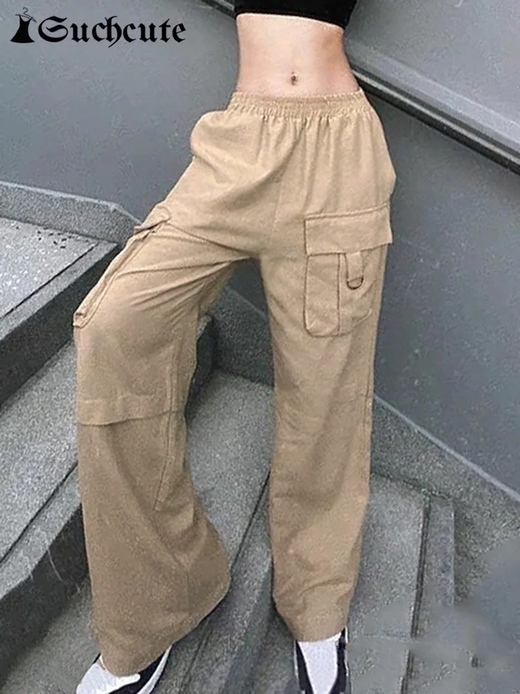 

SUCHCUTE Harajuku Pocket Patchwork Cargo Pants Women Streetwear Punk Trousers Grunge Fairycore Hip Hop Low Waist Baggy Pant 90s