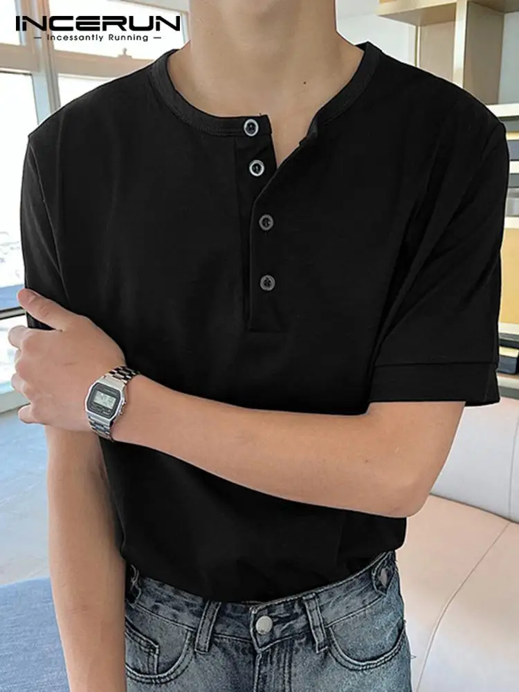 

INCERUN Tops 2022 Korean Style Men's Round Neck Half Cardigan T-shirts Casual All-match Simple Short Sleeve Solid Camiseta S-3XL