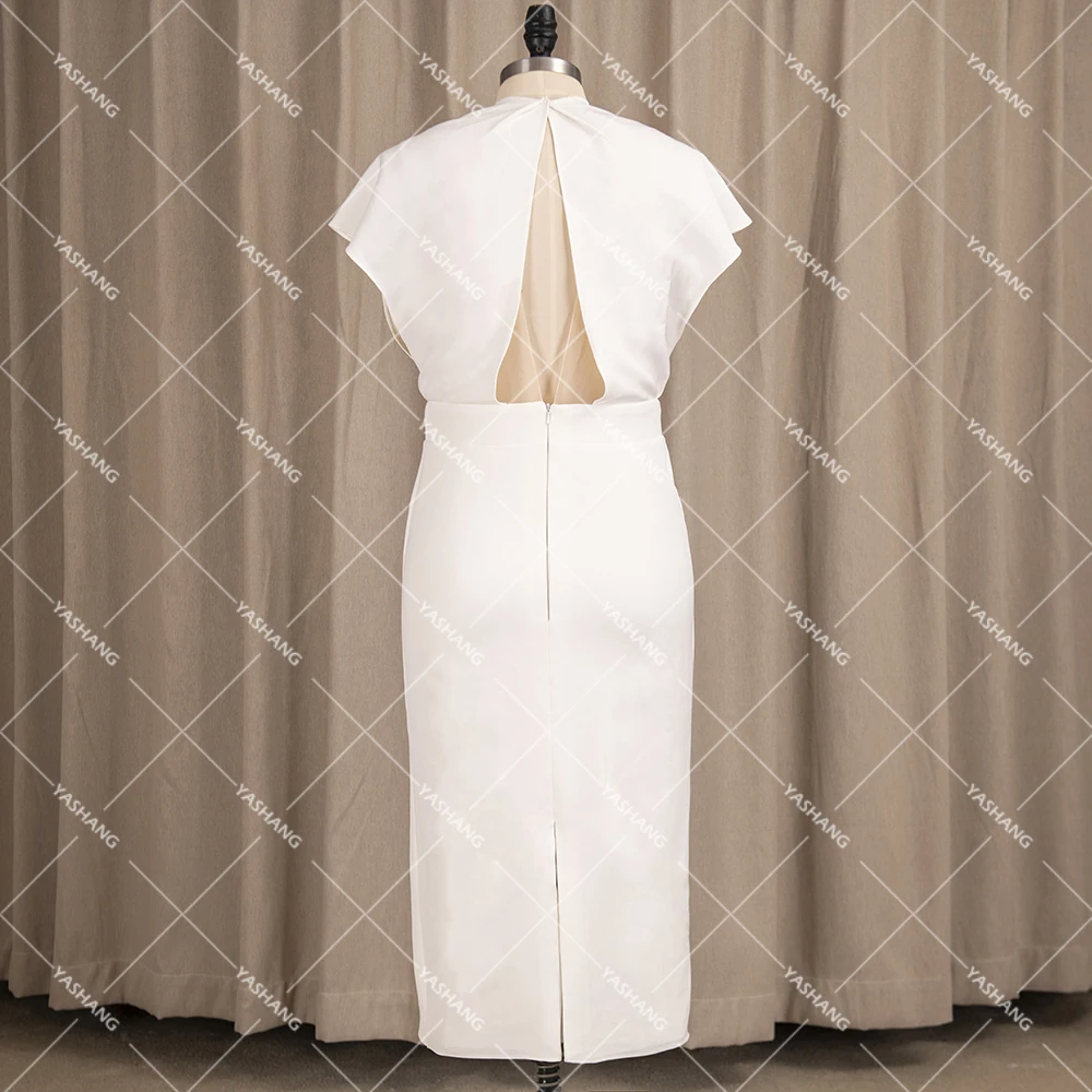 Платье свадебное атласное длиной до середины икры с V-образным вырезом - купить по