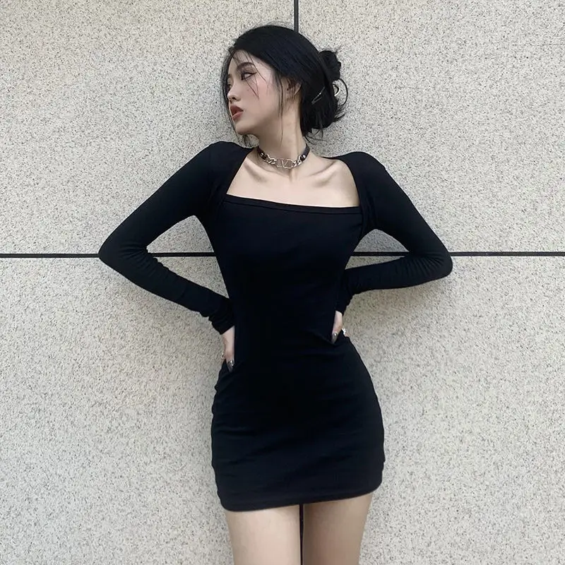 

Spring Autumn Basic Elegant Dresses For Women New Year 2022 Long Sleeve Black Dress Square Collar Wrap Hip Mini Vestidos Mujer