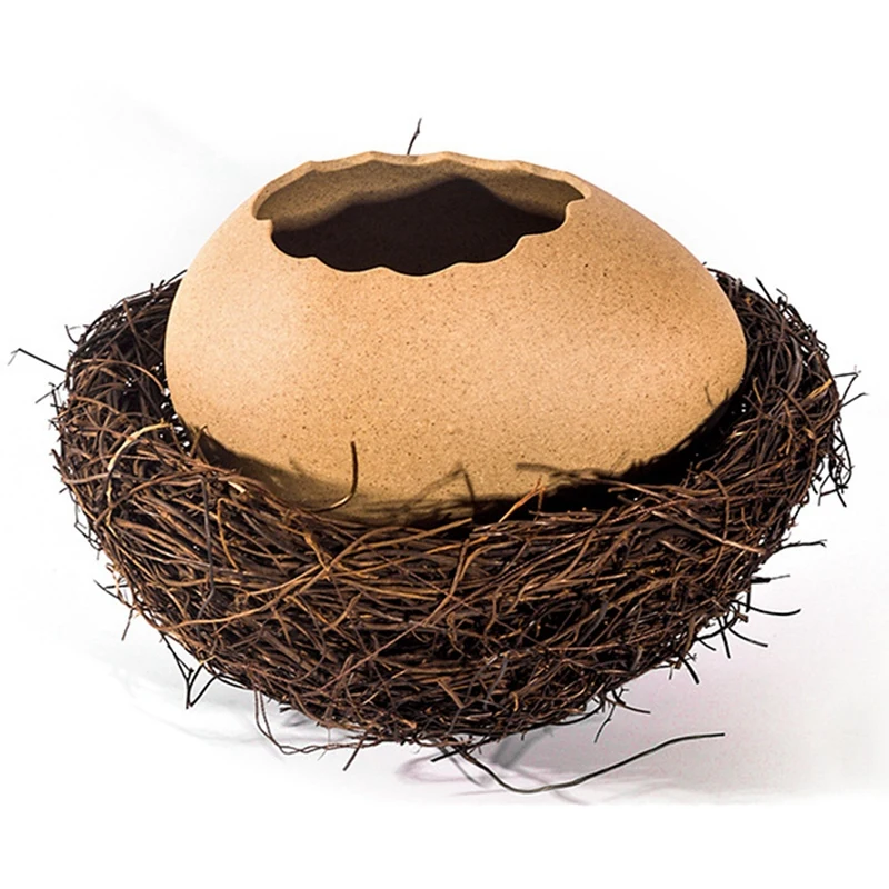 

1Set Personality Dessert Bowl Egg Shell Ostrich Egg Vase Home Decorations Ceramic + Rattan