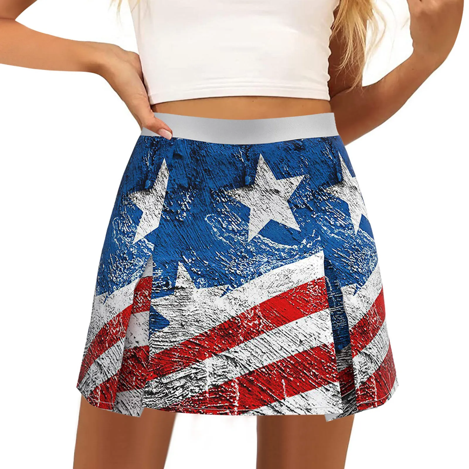 

Denim Skirts for Juniors Women's Printed Independence Day Casual Pleated Short Skirt Knit Skirt