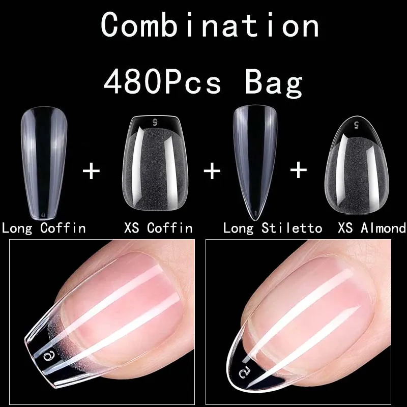 

480Pcs Transparent Semi-frosted Almond Fake Nails Extension Tips Full Coverage Soft Gel X Nail Press On Tips Decorations