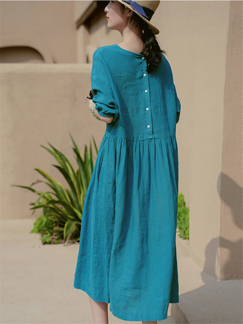 

Женское однотонное платье-миди из хлопка и льна, ТРАПЕЦИЕВИДНОЕ праздничное однобортное пляжное длинное платье на пуговицах с высокой тали...