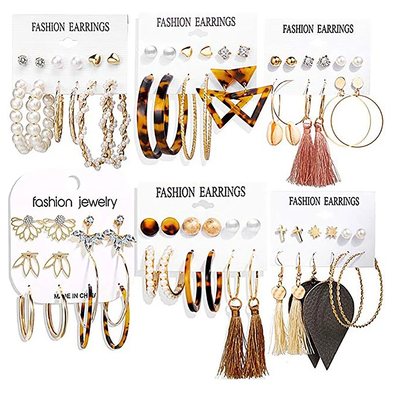 

36 Pairs Fashion Tassel Earrings Set For Women Girls Bohemian Acrylic Hoop Stud Drop Dangle Earring Leather Leaf Earrings For Bi