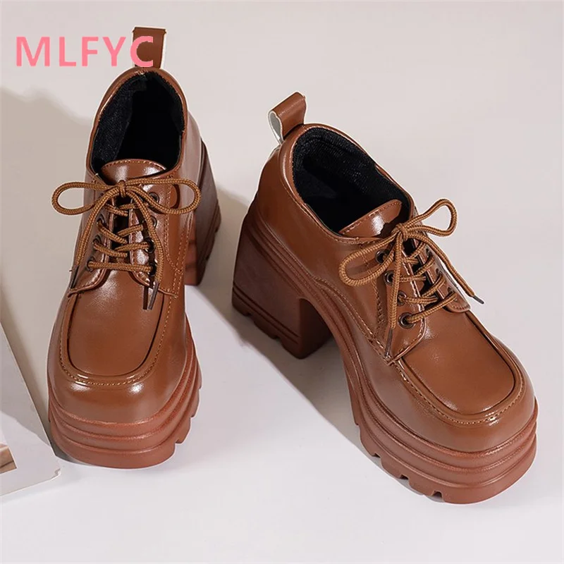 Туфли Lefu Женские однотонные на высоком толстом каблуке Повседневная стильная