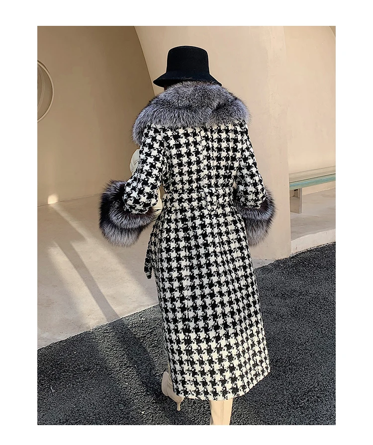 Women Plaid Wool Blends X-Long Real Fur Coat Winter Jacket Super Large Fox Fur Collar Cuffs Tweed Women Slim Belt Thick Warm enlarge