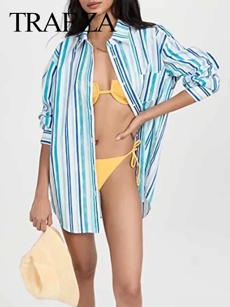 

TRAF ZA Fashion New Shirt Casual Single-breasted Long-sleeved Top Blue And White Striped Blouse Commuter Women Spring Clothing