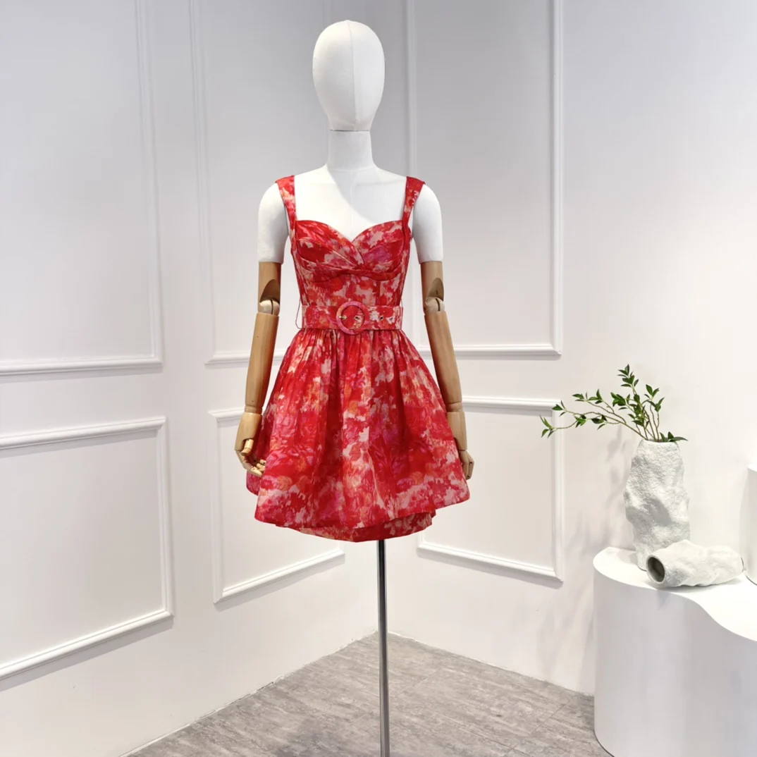 

2023 Top Quality Pink Red Floral Linen Silk Summer Beach Style Mini Dress Women