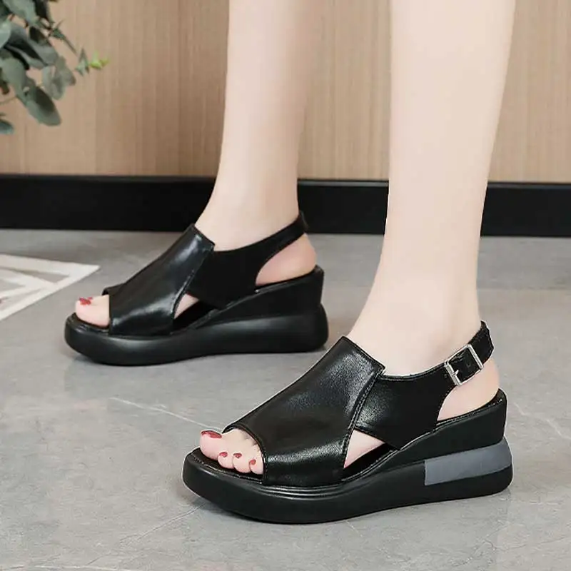 6.5cm Thick Bottom Women Sandals Summer Party Chunky Heel Pumps Solid Color Open Toe Casual Shoes Ladies Buckle Platform Shoes