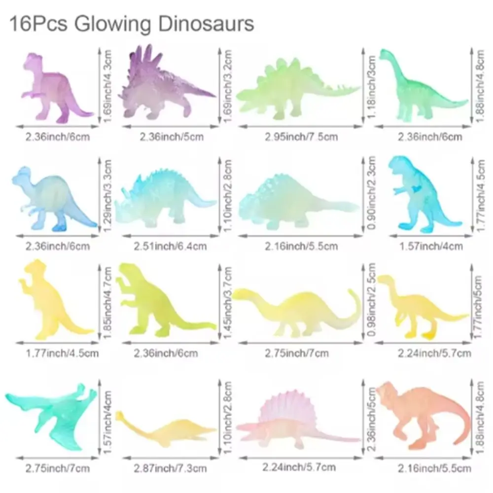 16 шт. миниатюрные фигурки-динозавры светящиеся в темноте