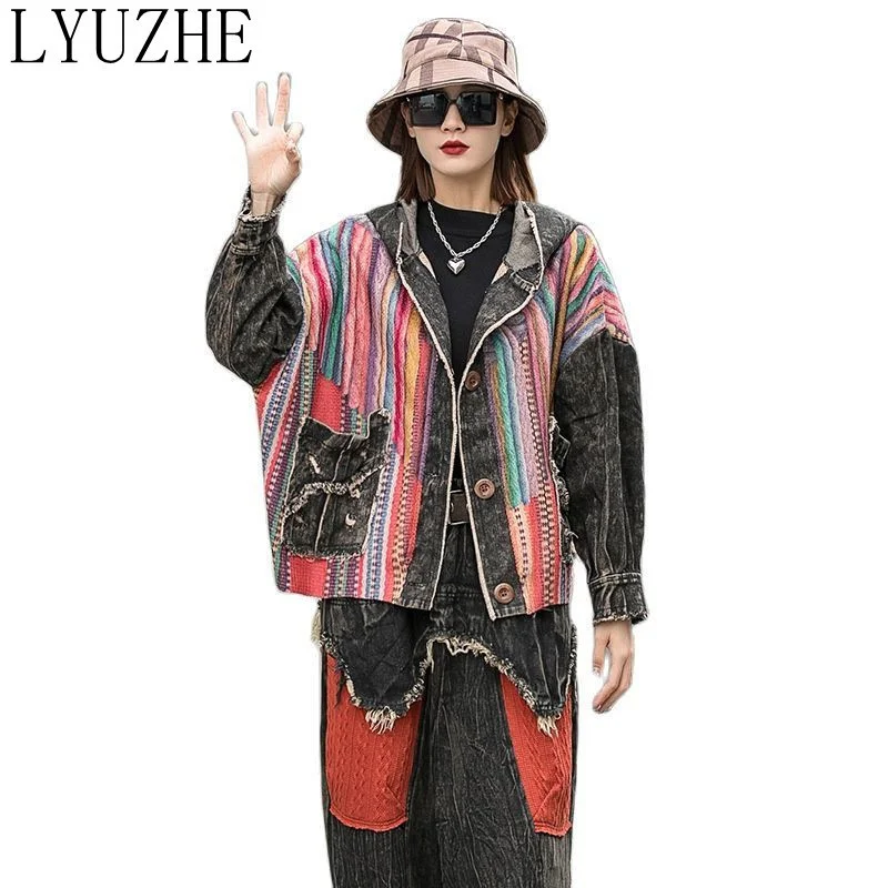 

LYUZHE Causal Distressed Denim Short Hooded Jacket Retro Printed Knitted Stitching Women Thin Jacket 2023 Spring Autumn ZWL2231A