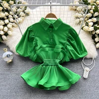 korean layered ruffle cotton shirt elegant sweet chic short puff sleeve women black white green blouse tops lapel clothes blusas