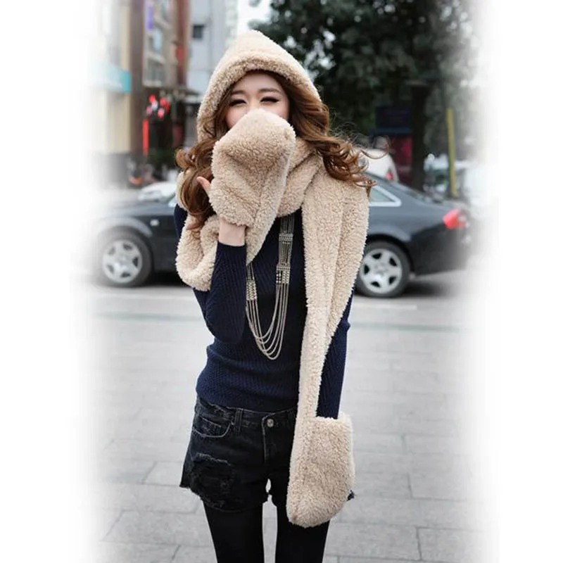 

New Fashion 3 in 1 Women Autumn Winter Warm Plush Hood Scarf Snood Thicken Cute Hats Gloves Comfortable