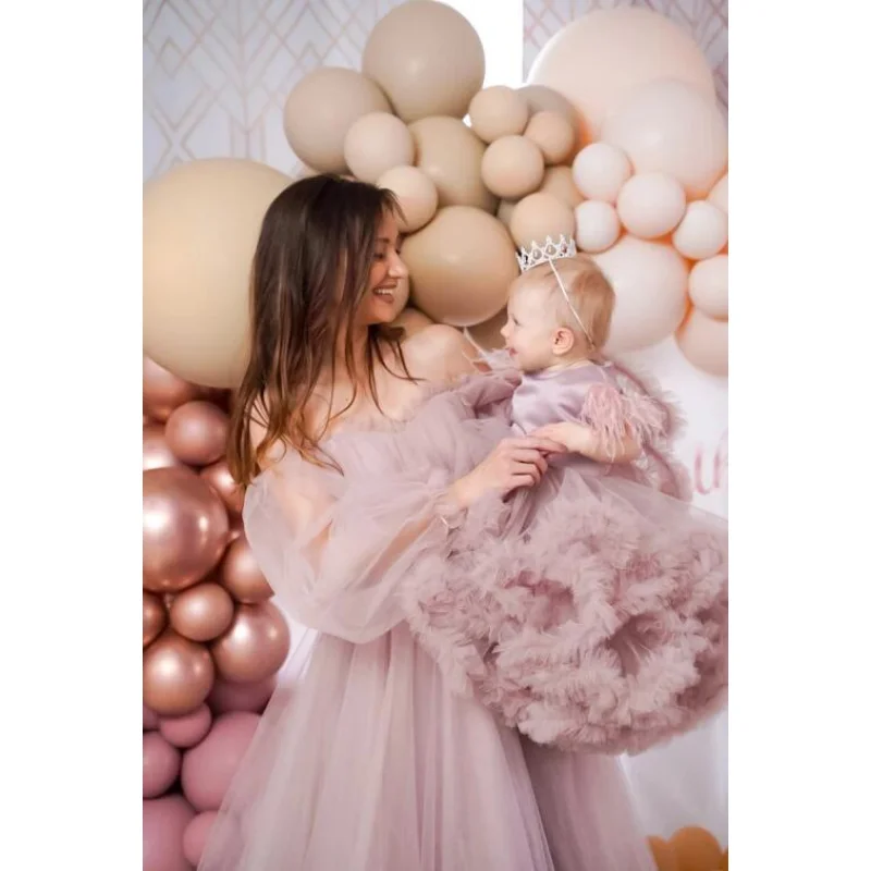Mommy and Me Matching Dresses for Photoshooting Dusty Pink Tulle Mum and Daughter Birthday Party Dress Family Evening Dress