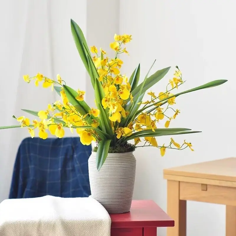 

Yellow Dancing Lady Orchid With Leaves Silk Flower Home Office Table Decoration Centerpiece - INDIGO