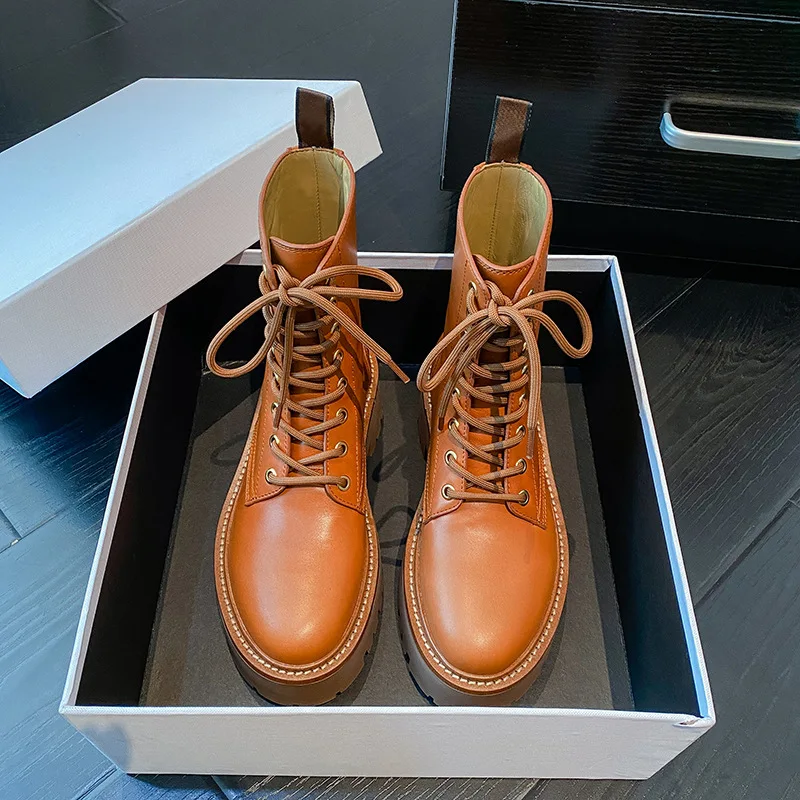 High Quality Platform Martens Boots Women Shoes Black Leather Ankle Boots Punk Shoes Thick Bottom Motorcycle Boots De Mujer