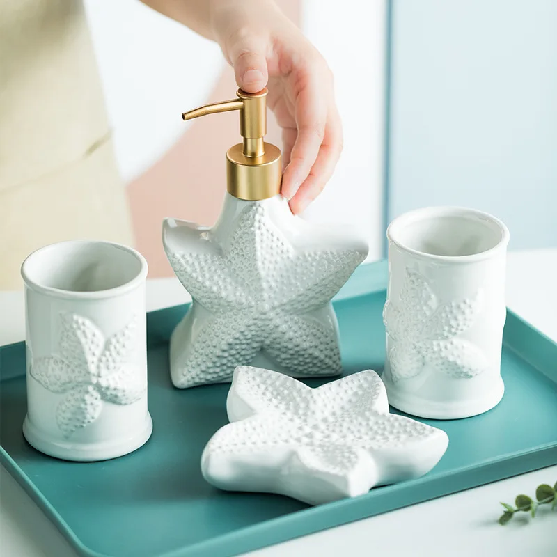 

European Ocean Starfish Bathroom Accessories Household Starfish Ceramic Wash Cup Soap Dispenser Soap Dish Bathroom Organizer New