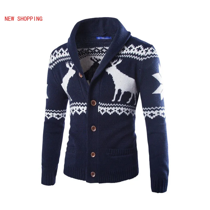 Spring Autumn Fashion Warm Christmas Sweater Men Deer Printed Jacket Coat Casual V Neck Knitting Mens Cardigan Sweaters Brand