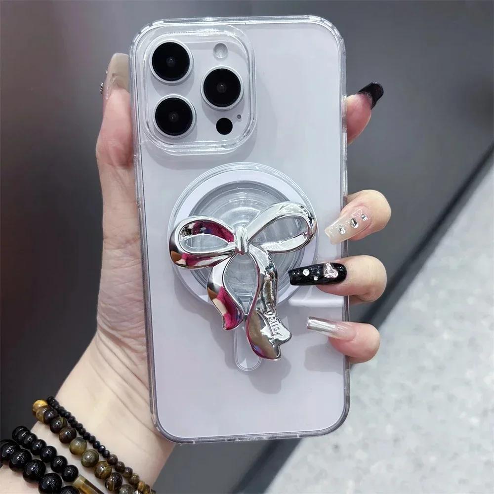 Фото INS корейский серебряный бант для Magsafe Griptok, держатель для телефона, кольцо на палец, подставка для iPhone 16, 15, Samsung S24, кронштейн для девочек №4