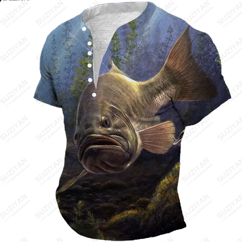 

Summer Men's Short Sleeve T-shirt V-Neck Loose Button Top 3D Printed Hawaiian Home Travel Leisure Fishing Koi Plus Size 2023 New