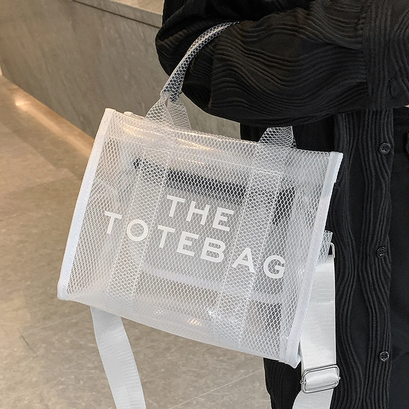 Women White Jelly Shoulder Bag PVC Transparent Ladies Mesh Tote Bags Letter Print Waterproof Female Summer Seaside Beach Handbag