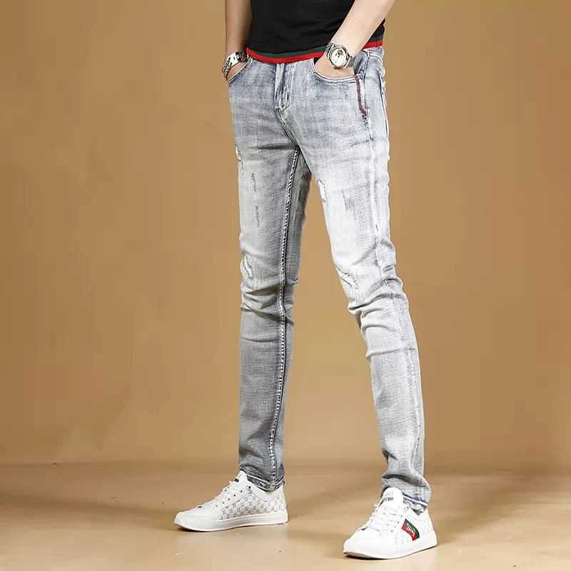 Autumn Vintage Ripped Jeans Men Light Blue Slim Fit Straight Pants Streetwear Casual Scratched Denim Trousers