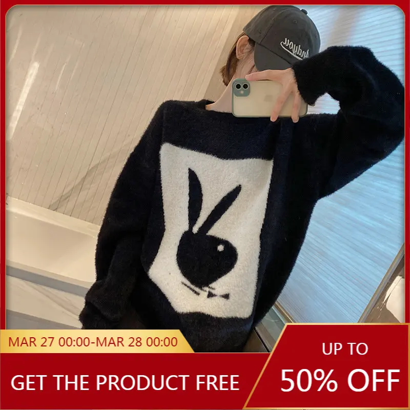 

High Quality Cartoon Bunny Pattern Mohair Loose Crewneck Sweater Women's Autumn and Winter New Lazy Style Mink Knit Top Thick