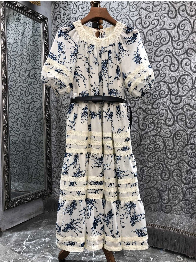 

100%Cotton Dress 2023 Summer Style Women Vintage Floral Print Lace Patchwork Lantern Sleeve Mid-Calf Party Casual Dress Gorgeous