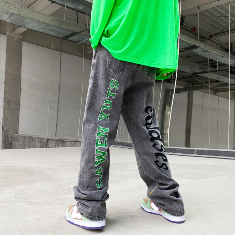 Men's Fashion Y2K Clothes Jeansy Letter Straight Trousers Denim Trousers Casual Jeans Wide Leg Pants For Men Streetwear Korean