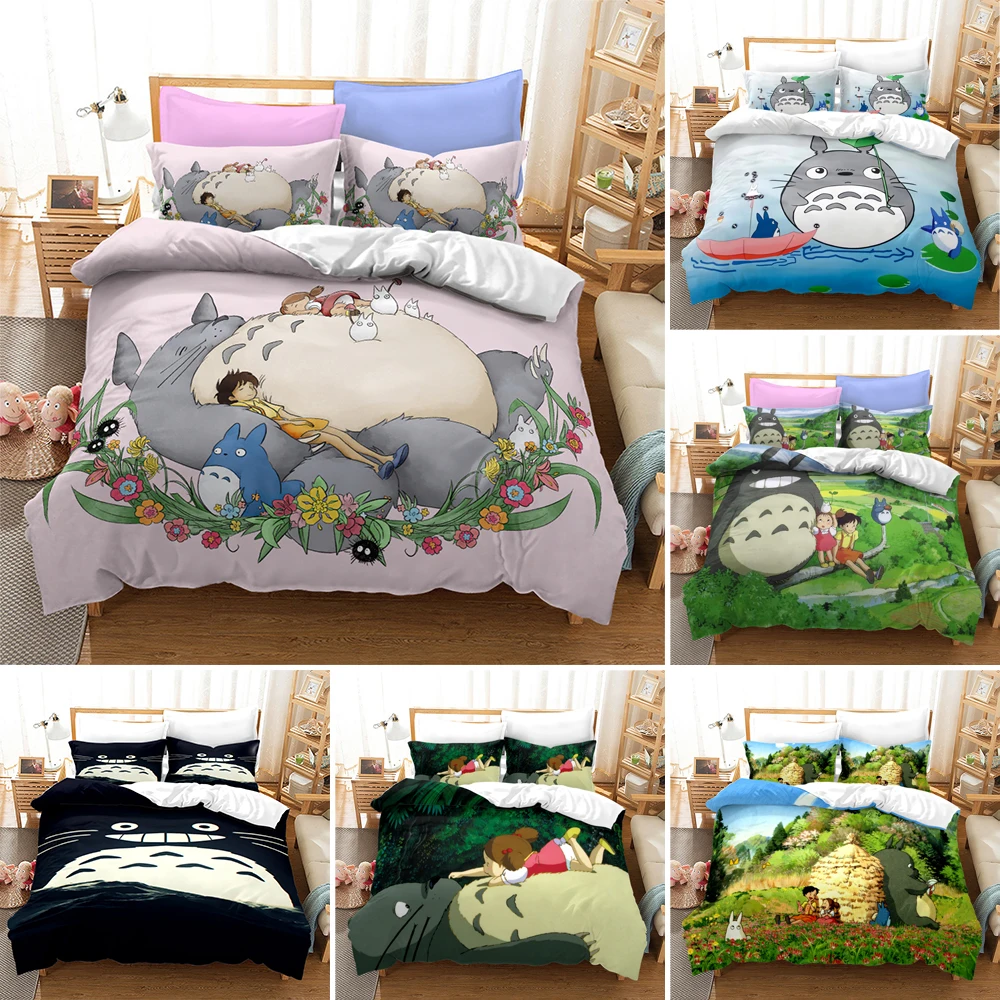 

Classic Cartoon Anime My Neighbor Totoro Bedding Set 2/3pcs Quilt Cover With Pillowcase Single Double Size For Kids Bedroom Gift