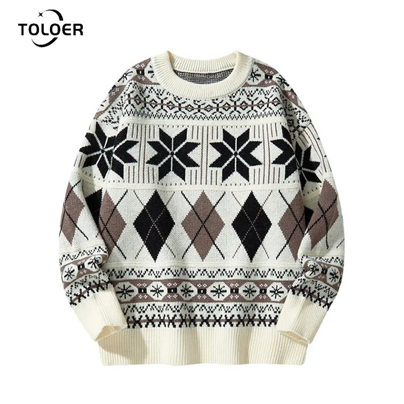 

2023 Autumn Winter New Mens Vintage Sweaters Round Neck Long Sleeve Fit Knitted Male Pullover Rhombus Pattern Christmas Sweater