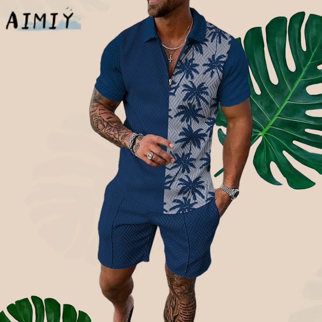 Summer Men's Zip Polo Shirt Golf T-Shirt Set Graphic Prints Tracksuit Turndown Street Short Sleeve Sweatshirt Streetwear Clothes