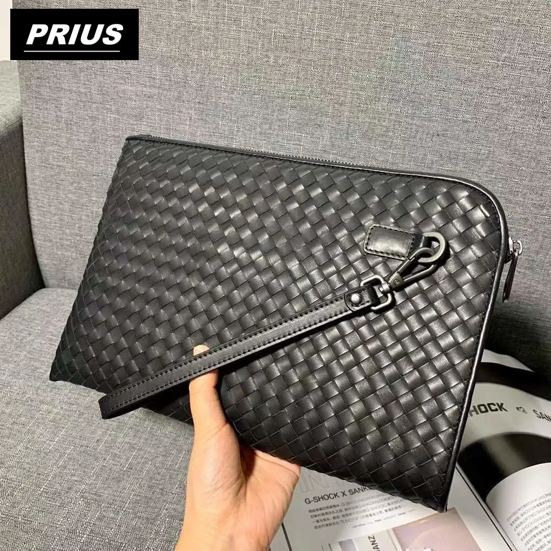 New Men High Quality Luxury Design Genuine Leather Cowhide Clutch Large Capacity Fashion Business Woven Casual Wallet Purse