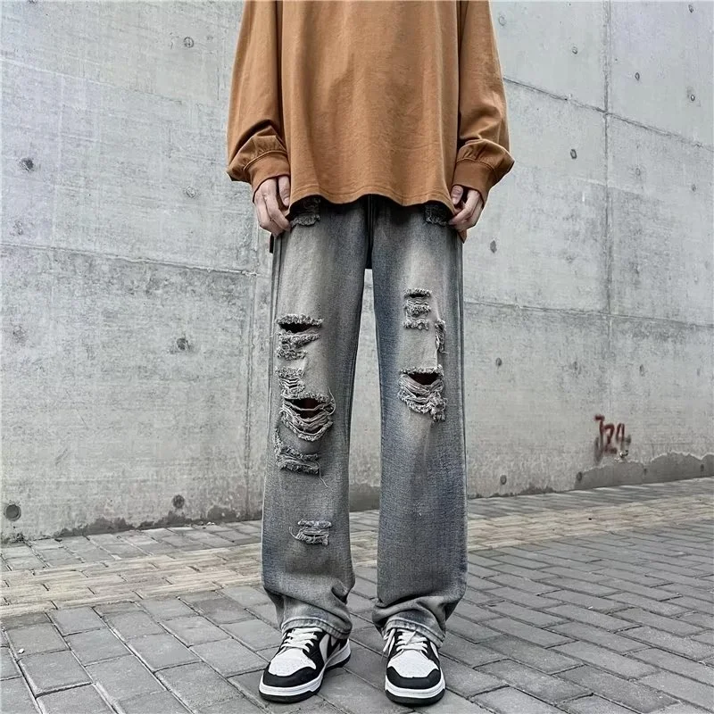 Summer Ripped Baggy Jeans Men Fashion Retro Straight Jeans Men Japanese Streetwear Hip Hop Loose Hole Denim Pants Mens Trousers