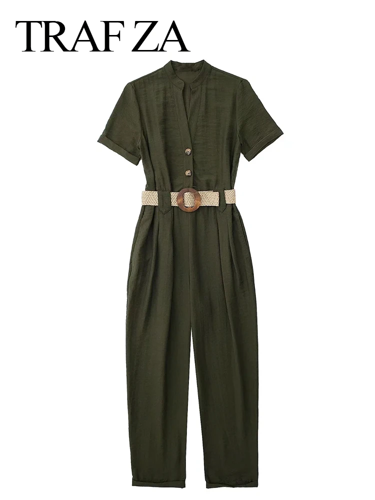 

Женский комбинезон с коротким рукавом, с поясом и V-образным вырезом