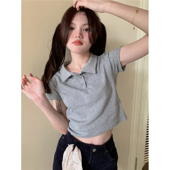 

Solid Color Casual Short Sleeve Summer Fashion Lapel Tops for Women gray