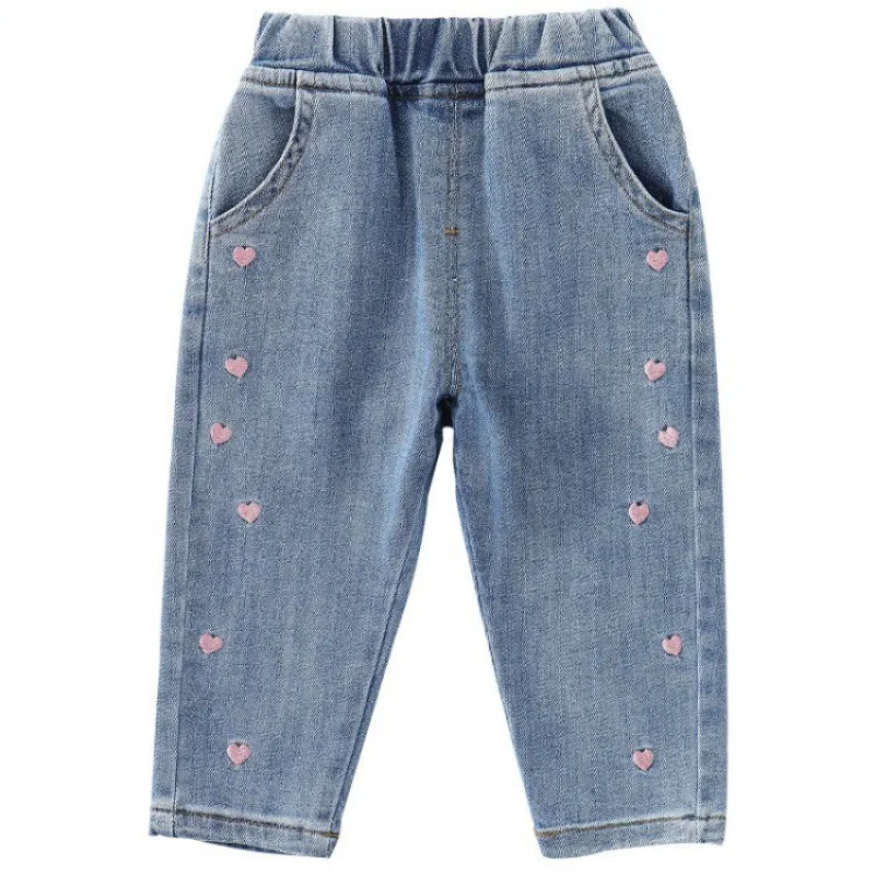 

2-8T Girls Jeans Summer Girls Denim Trousers Kids Cute Embroidered Love Elastic Waist Casual Pants Child Fashion Outfit Clothes