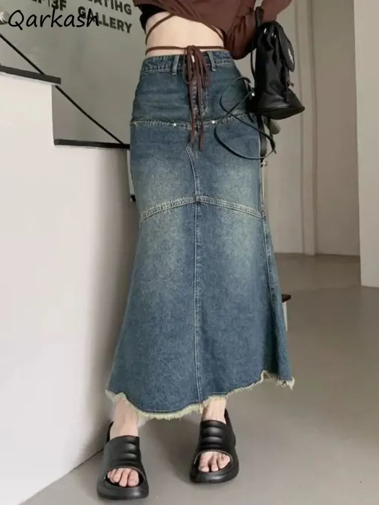 

S-4XL Denim Maxi Shirts Women Trumpet Solid Spring All-match Classic Casual Fashion Washed Vintage Korean Style Faldas Largas